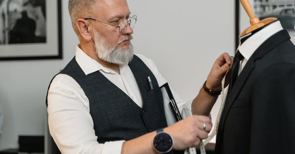 A skilled tailor in a workshop adjusting a classic suit on a mannequin with precision.